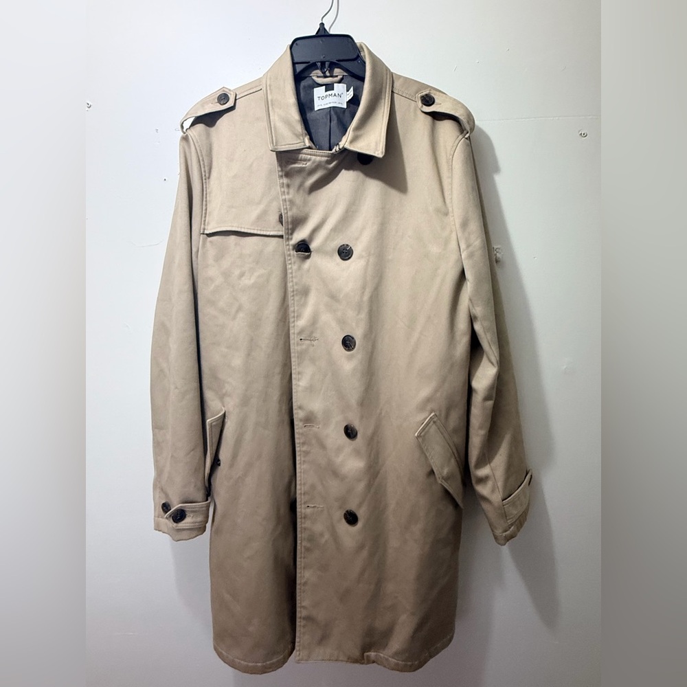 Topman Trench Coat Men XL Double Breasted Khaki Classic Long Jacket